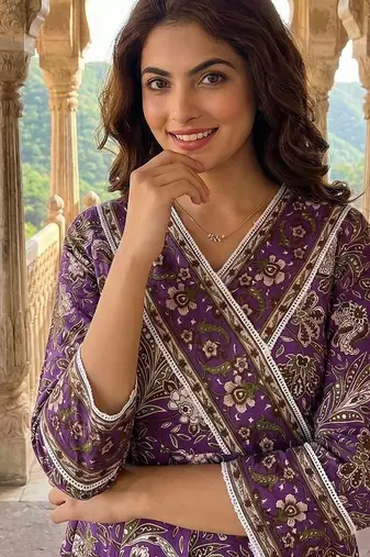 purple pure cotton anarkali angrakha kurta set