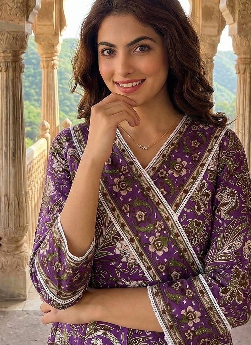 Anouk purple pure cotton anarkali angrakha kurta set