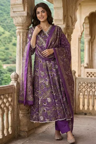 purple pure cotton anarkali angrakha kurta set