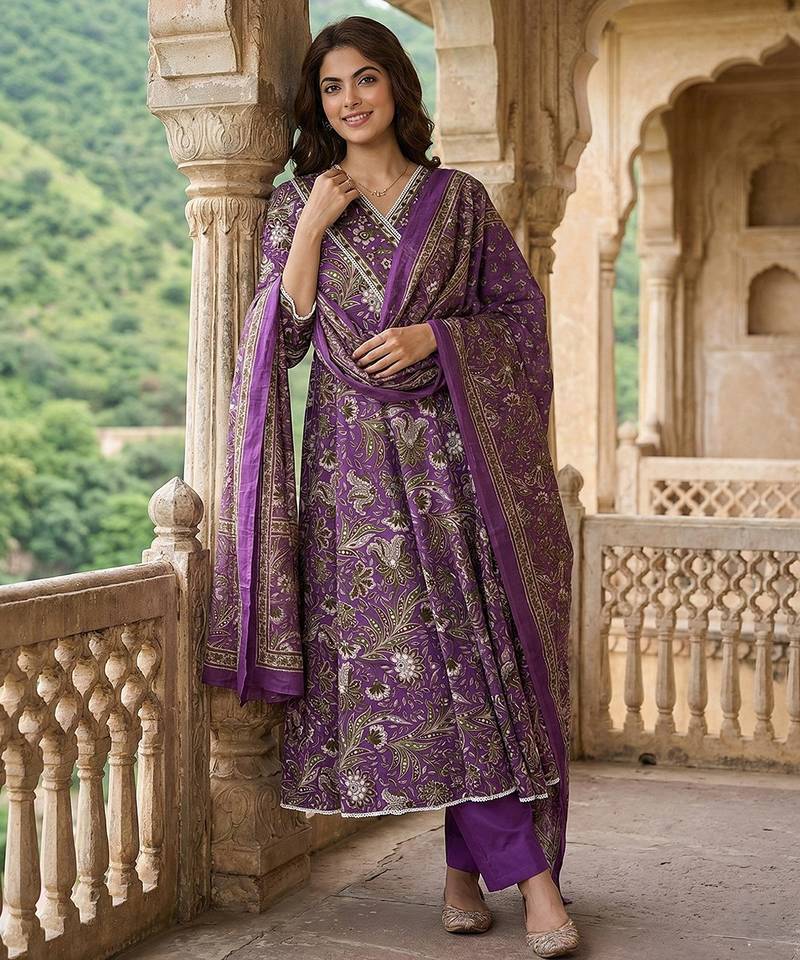 Anouk purple pure cotton anarkali angrakha kurta set