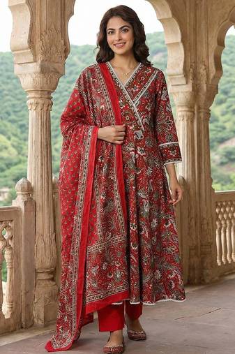 Anouk red pure cotton anarkali angrakha kurta set