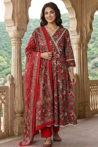Anouk red pure cotton anarkali angrakha kurta set