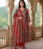 Anouk red pure cotton anarkali angrakha kurta set