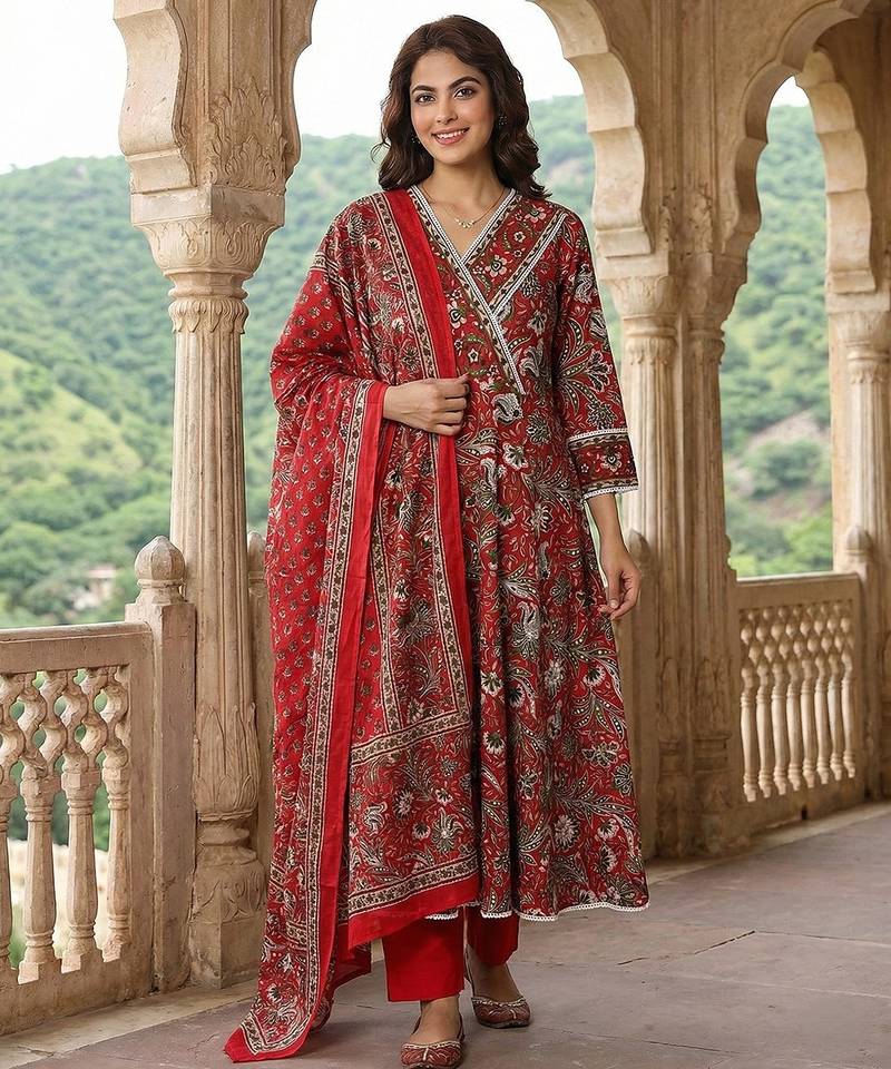 Anouk red pure cotton anarkali angrakha kurta set