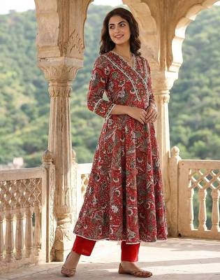 red pure cotton anarkali angrakha kurta set 2