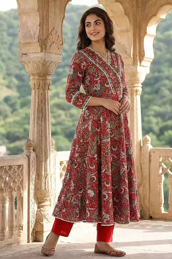 red pure cotton anarkali angrakha kurta set