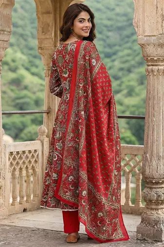 red pure cotton anarkali angrakha kurta set