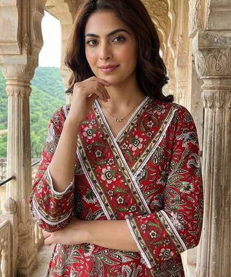 red pure cotton anarkali angrakha kurta set 4