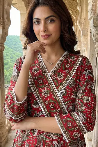 red pure cotton anarkali angrakha kurta set