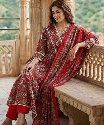 red pure cotton anarkali angrakha kurta set 5