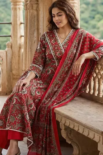 red pure cotton anarkali angrakha kurta set