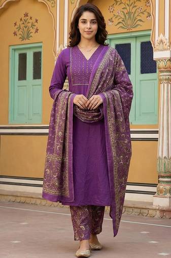 Anouk purple pure cotton straight regular kurta set
