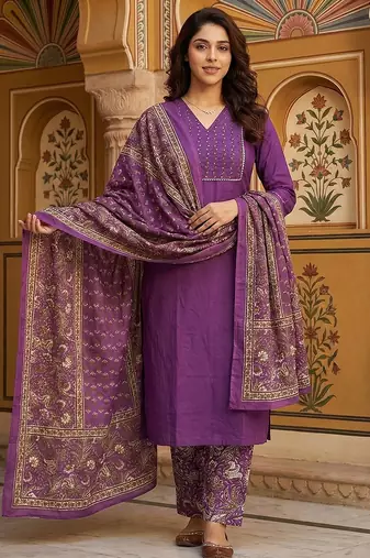 purple pure cotton straight regular kurta set