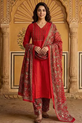 Anouk red pure cotton straight regular kurta set