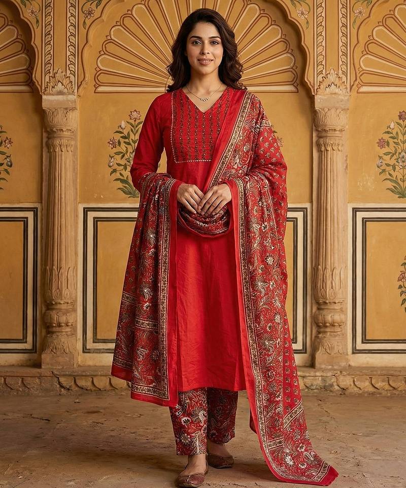 Anouk red pure cotton straight regular kurta set