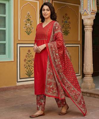 red pure cotton straight regular kurta set 2