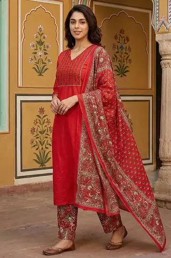 red pure cotton straight regular kurta set