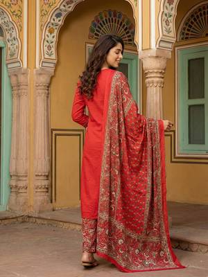 red pure cotton straight regular kurta set 3