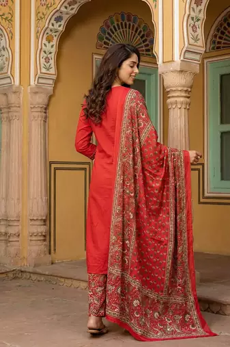 red pure cotton straight regular kurta set