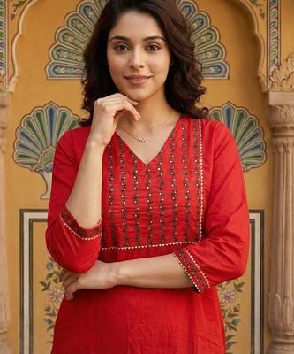 red pure cotton straight regular kurta set 4