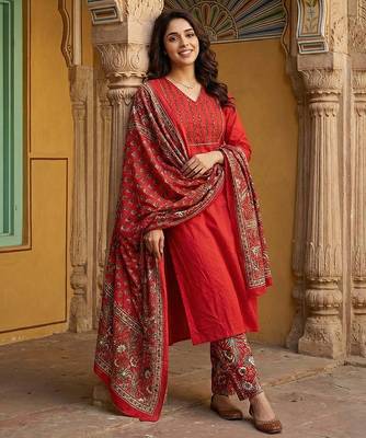 red pure cotton straight regular kurta set 5