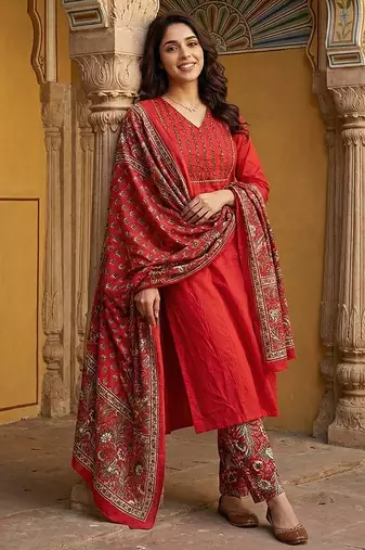 red pure cotton straight regular kurta set