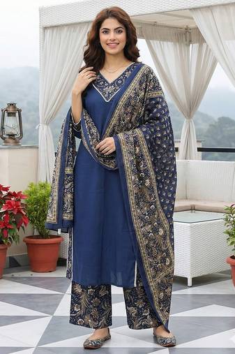 Anouk blue pure cotton straight regular kurta set