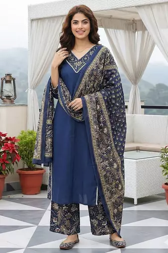 Anouk blue pure cotton straight regular kurta set