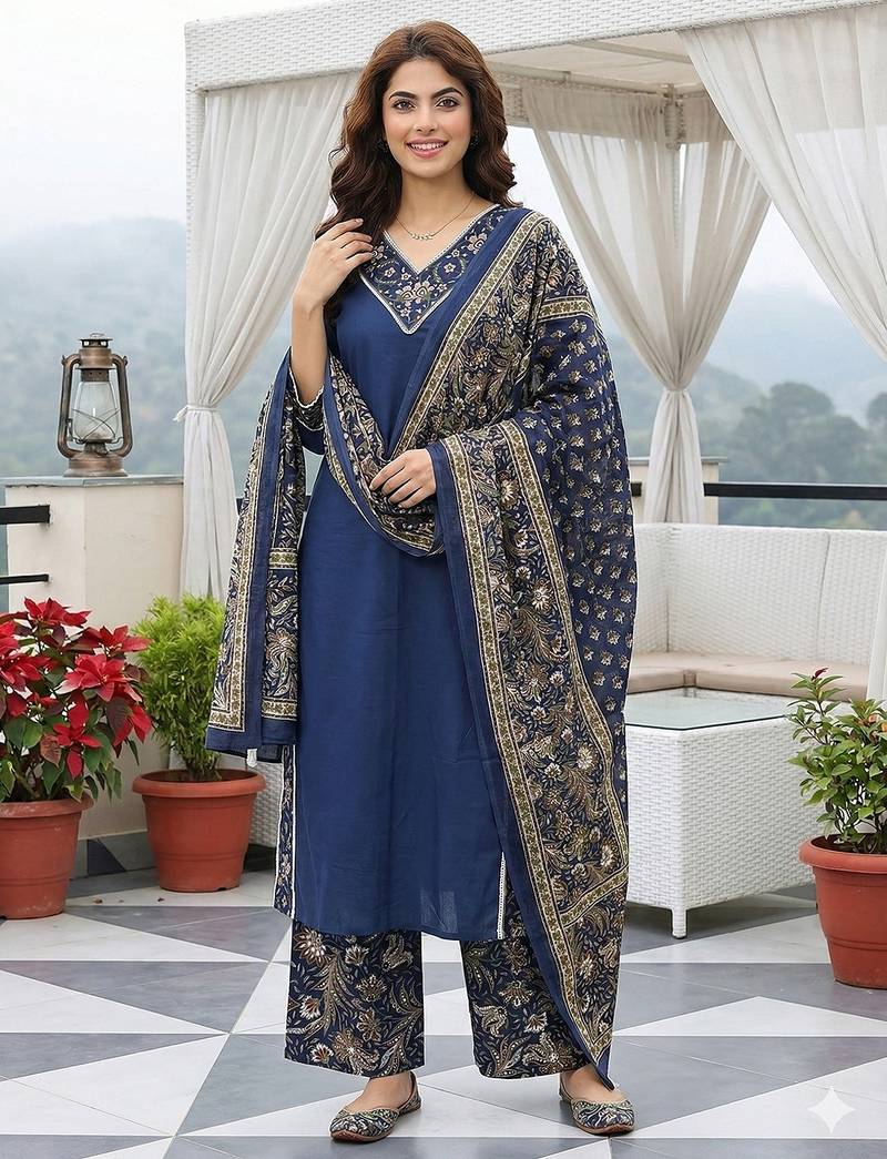 Anouk blue pure cotton straight regular kurta set