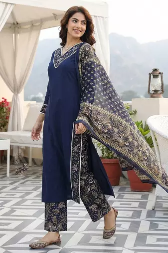 blue pure cotton straight regular kurta set