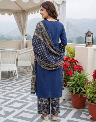 blue pure cotton straight regular kurta set 3