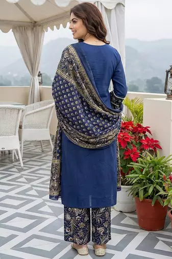 blue pure cotton straight regular kurta set