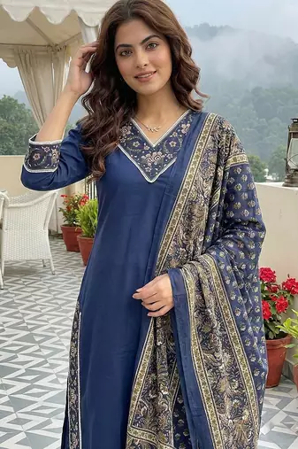 blue pure cotton straight regular kurta set