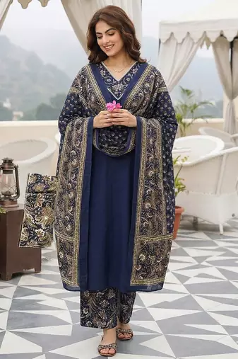 blue pure cotton straight regular kurta set