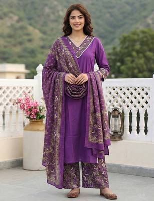 purple pure cotton straight regular kurta set 1