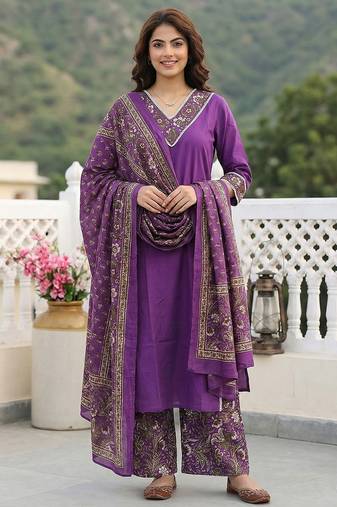 Anouk purple pure cotton straight regular kurta set