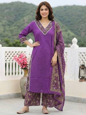 purple pure cotton straight regular kurta set 2