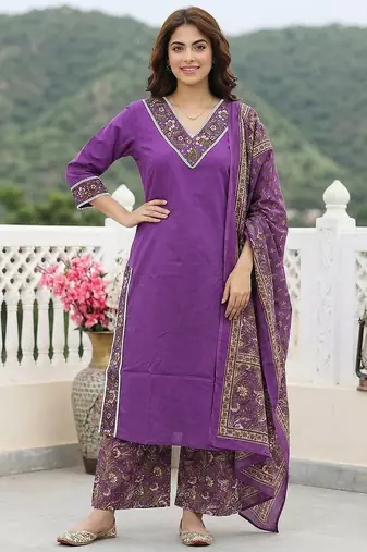 purple pure cotton straight regular kurta set