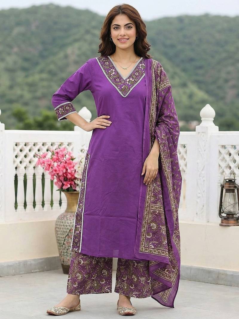 Anouk purple pure cotton straight regular kurta set