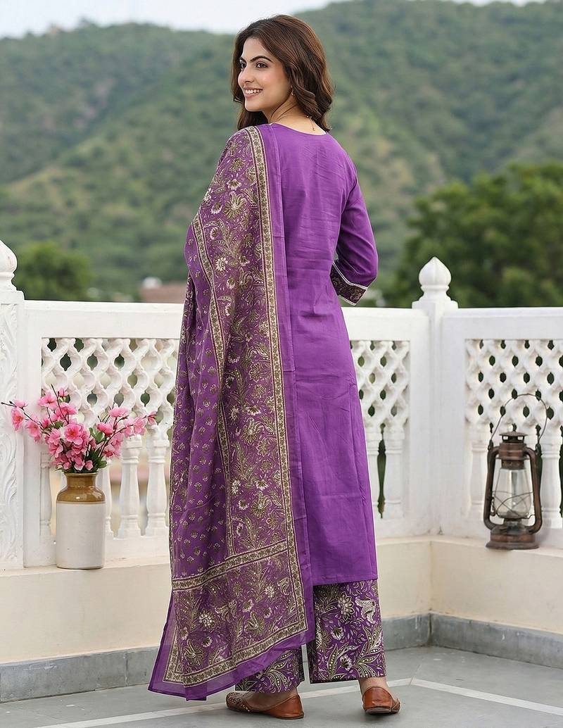 Anouk purple pure cotton straight regular kurta set
