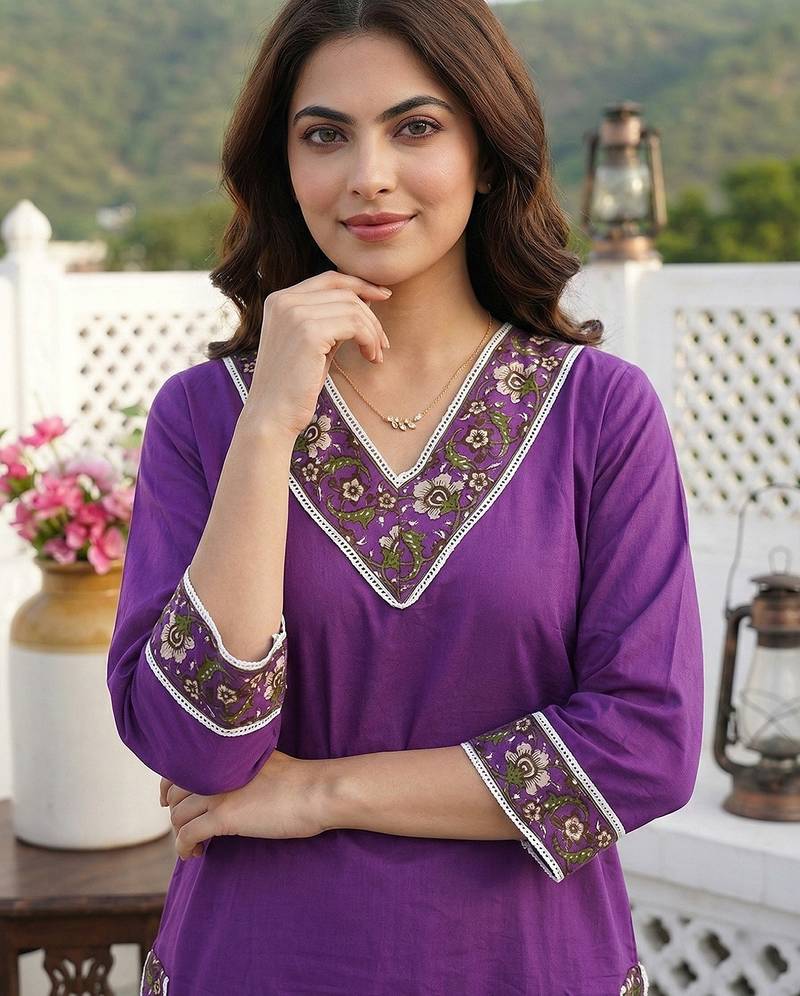 Anouk purple pure cotton straight regular kurta set