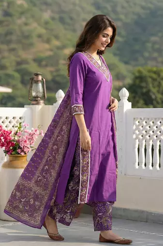 purple pure cotton straight regular kurta set