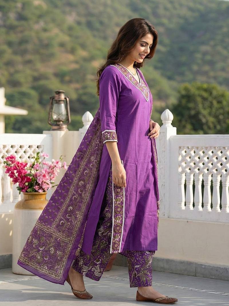 Anouk purple pure cotton straight regular kurta set