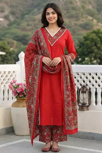 Anouk red pure cotton straight regular kurta set