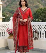 Anouk red pure cotton straight regular kurta set