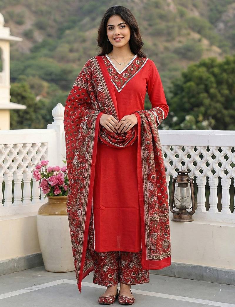 Anouk red pure cotton straight regular kurta set
