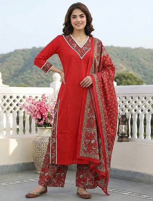 red pure cotton straight regular kurta set 2