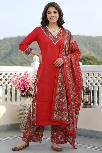 red pure cotton straight regular kurta set
