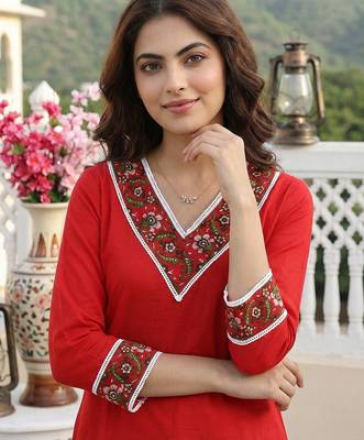 red pure cotton straight regular kurta set 4
