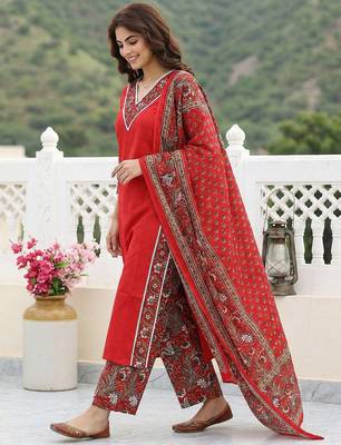 red pure cotton straight regular kurta set 5